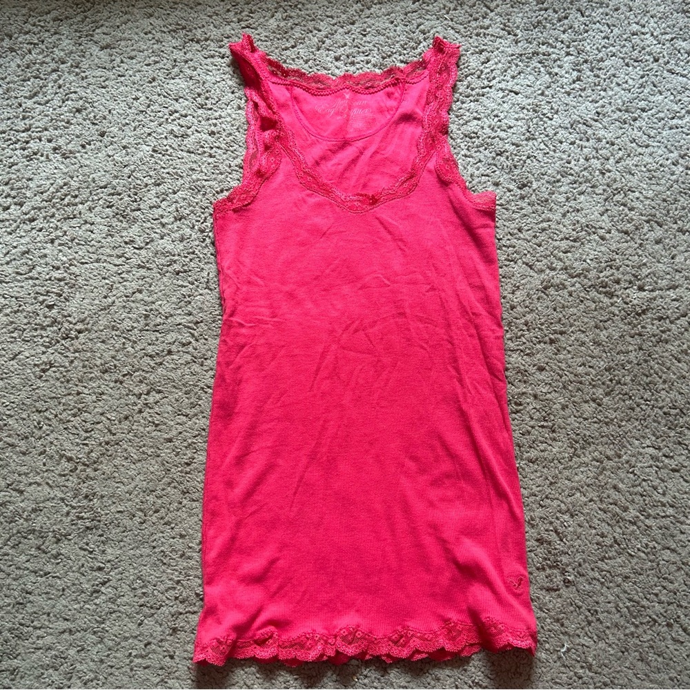 American Eagle Women's Pink Ribbed Lace-Trim Tank Top Medium